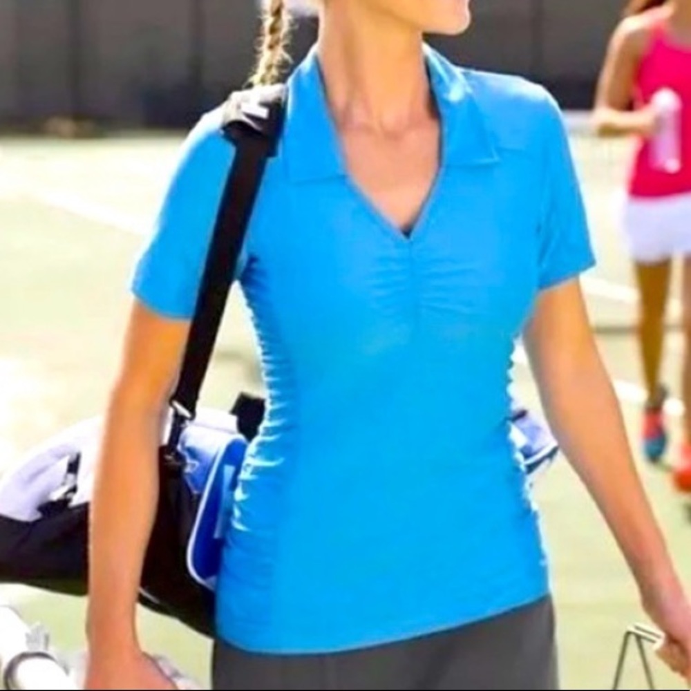 Athleta Birdie Polo, Blue, Side Ruching Detail, Size XL